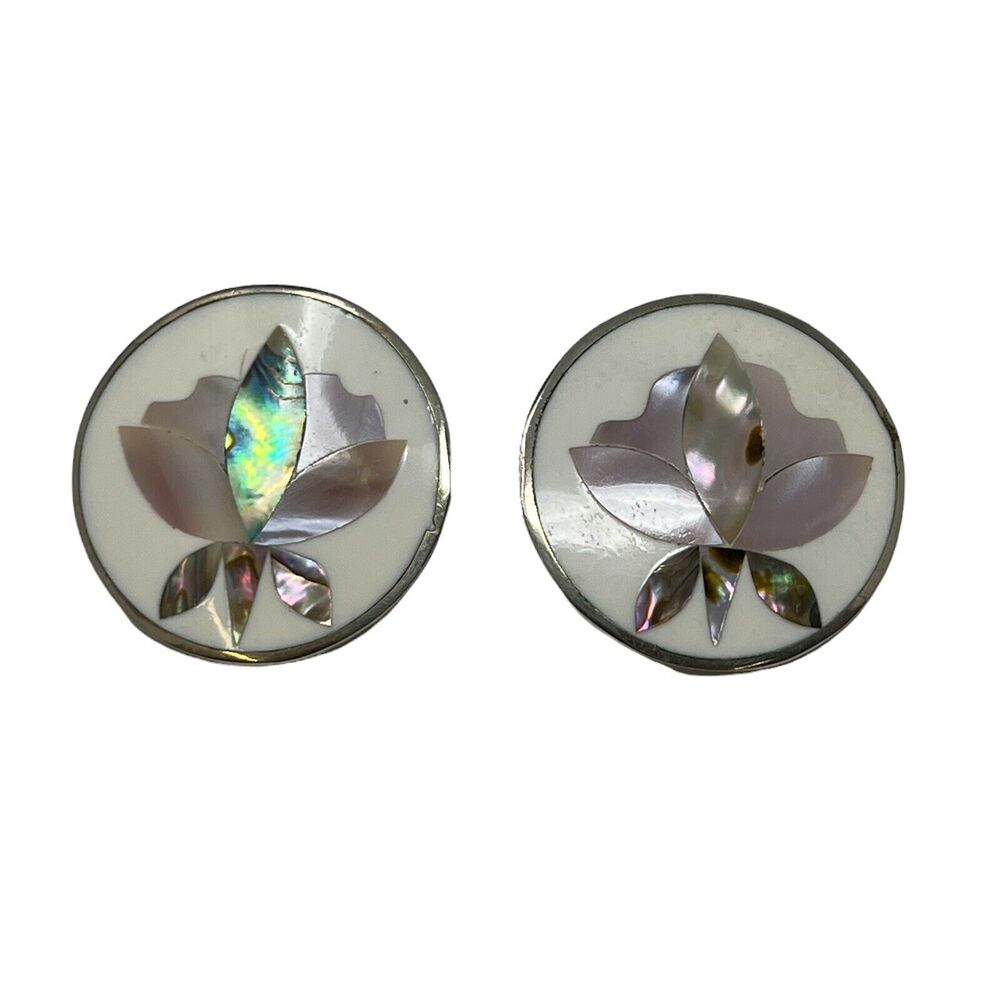 Alpaca Mexico White‎ Pearl Abalone Inlay Lotus Flower Leaf Pierced Earrings